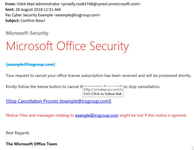 Office 365 Phishing Scam Example 